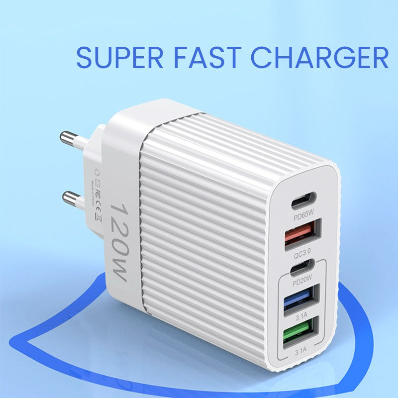 Incarcator Retea Fast Charger 120W, Adaptor Multi-Port Power Delivery, 2 Porturi USB-C si 3 Porturi USB-A, Compatibil Telefon si Tableta, Alb