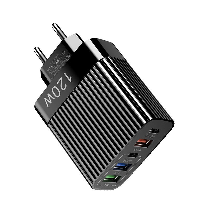 Incarcator Retea Super Fast Charger, 120W, Tehnologie Power Delivery, 5 Porturi, 2 USB Type-C si 3 USB-A, Compatibil cu Telefoane si Tablete, Negru