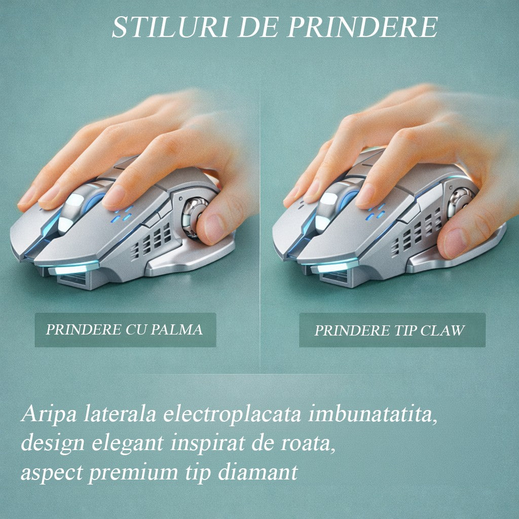 Mouse Wireless Gaming, Design Ergonomic, Reincarcabil, 6 Butoane, DPI Ajustabil 800-1600, Iluminare RGB Breathing, Conexiune 2.4 GHz, Compatibil Laptop si PC, 138x80x38 mm, Gri/Roz