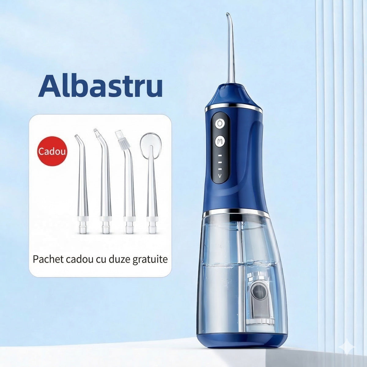 Irigator Bucal Electric, Dus Bucal Portabil pentru Curatare Interdentara si Tartru, 3 Trepte de Intensitate, Rezervor Apa Integrat, 4 Capete Interschimbabile, 25 x 8 x 8 cm, Albastru