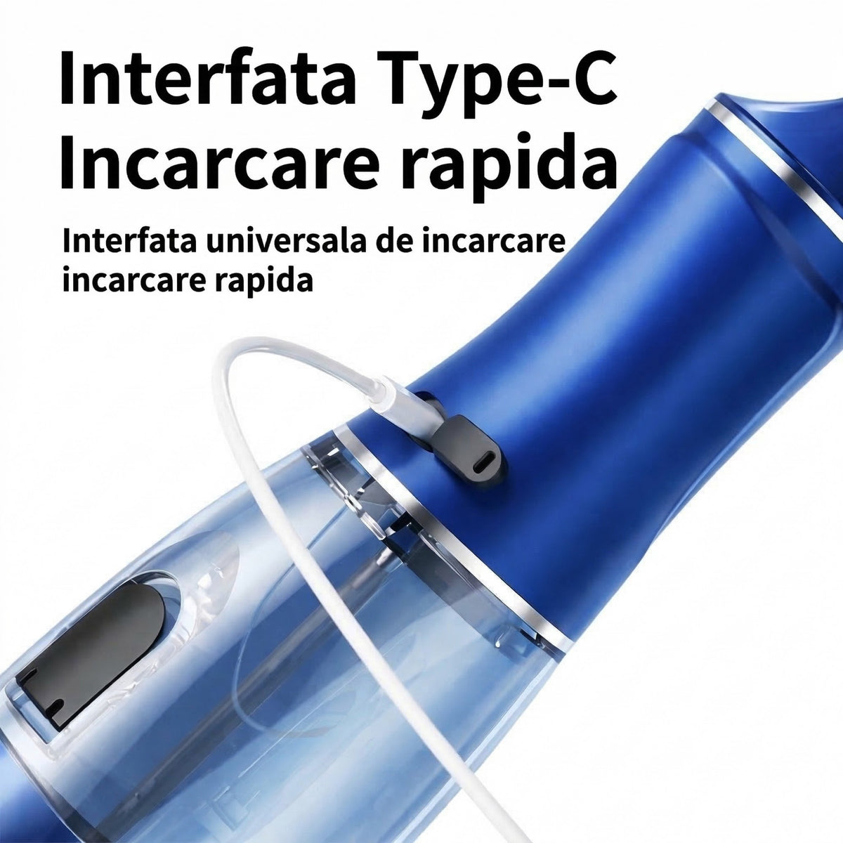 Irigator Bucal Electric, Dus Bucal Portabil pentru Curatare Interdentara si Tartru, 3 Trepte de Intensitate, Rezervor Apa Integrat, 4 Capete Interschimbabile, 25 x 8 x 8 cm, Albastru