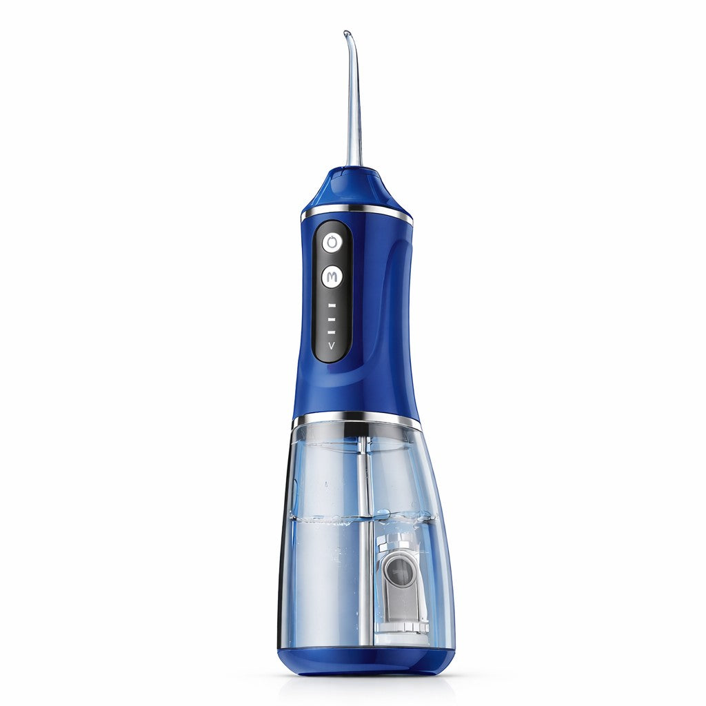 Irigator Bucal Electric, Dus Bucal Portabil pentru Curatare Interdentara si Tartru, 3 Trepte de Intensitate, Rezervor Apa Integrat, 4 Capete Interschimbabile, 25 x 8 x 8 cm, Albastru