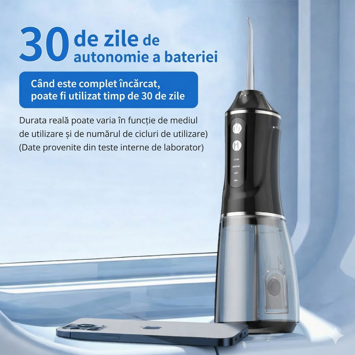 Irigator Bucal Electric Portabil, Dus Bucal pentru Indepartare Tartru si Placa Bacteriana, 3 Trepte de Intensitate, 4 Capete Interschimbabile, 25 x 8 x 8 cm, Negru