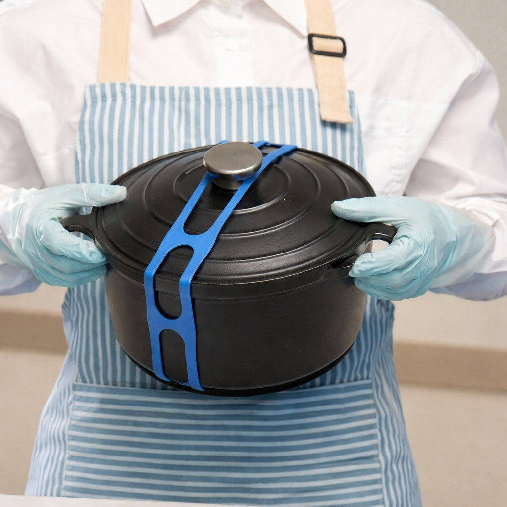 Curea de Fixare Capace si Vase, Banda de Siguranta pentru Transport si Gatit, Silicon Termorezistent Reutilizabil, 54 x 5 cm, Albastru