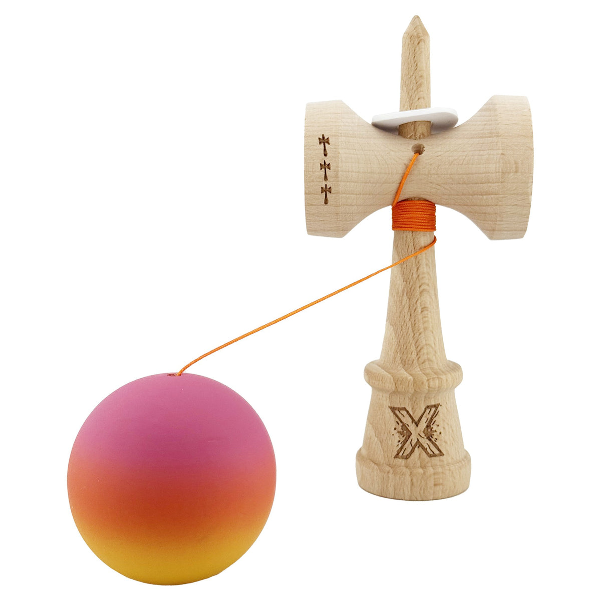 Kendama X Originala, Model V3 Roz / Portocaliu / Galben in Degrade, Profesionala, Cupe Mari King Size, Rubber Grip, Gaura in Baza, Rulment, Ata 62cm