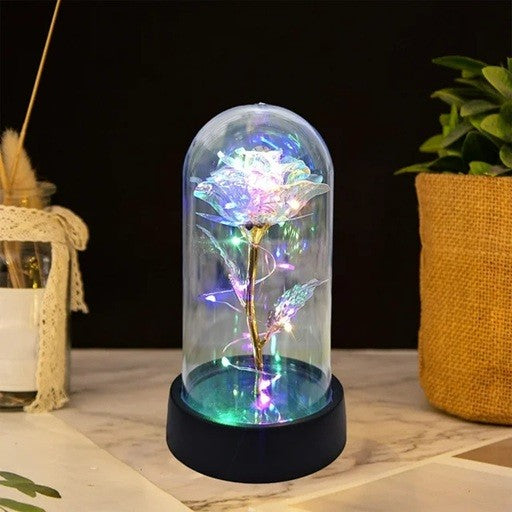 Trandafir Decorativ in Cupola Acrilica, Lumina LED Multicolora, Alimentare cu Baterii, Plastic, 8.5 x 15 cm, Auriu