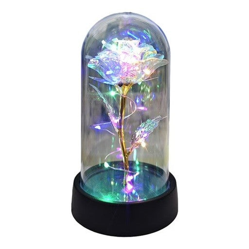 Trandafir Decorativ in Cupola Acrilica, Lumina LED Multicolora, Alimentare cu Baterii, Plastic, 8.5 x 15 cm, Auriu