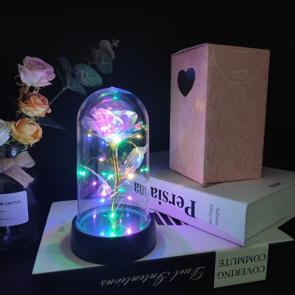 Trandafir Decorativ in Cupola Acrilica, Lumina LED Multicolora, Alimentare cu Baterii, Plastic, 8.5 x 15 cm, Auriu