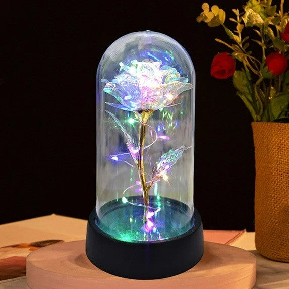 Trandafir Decorativ in Cupola Acrilica, Lumina LED Multicolora, Alimentare cu Baterii, Plastic, 8.5 x 15 cm, Auriu