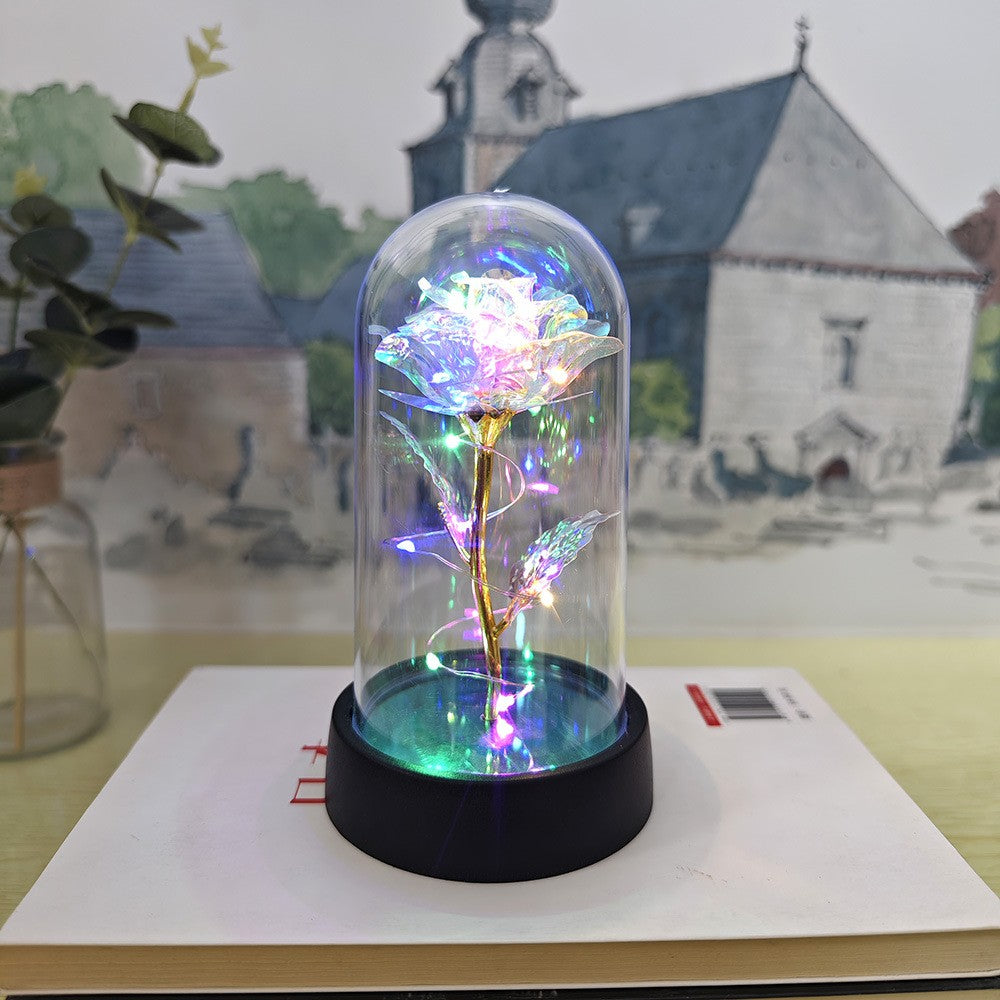 Trandafir Decorativ in Cupola Acrilica, Lumina LED Multicolora, Alimentare cu Baterii, Plastic, 8.5 x 15 cm, Auriu