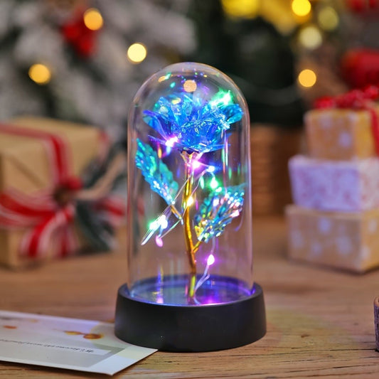 Trandafir Decorativ in Cupola de Acril, Iluminare LED Multicolora, Aranjament Floral cu Baza de Plastic, 8.5 x 15 cm, Albastru
