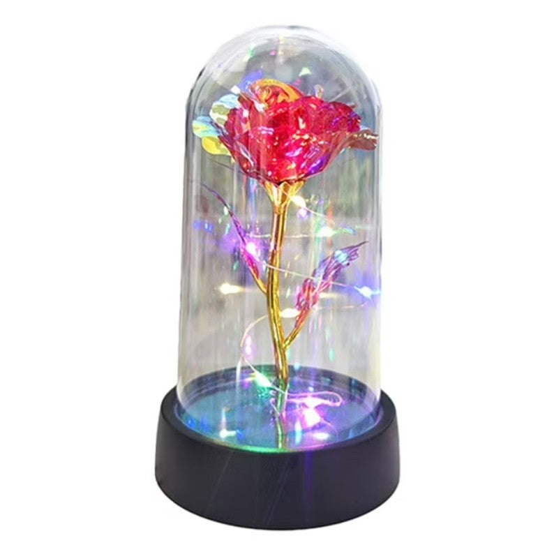 Trandafir Decorativ in Cupola cu Lumina LED Multicolora, Floare Artificiala din Plastic si Invelis Acrilic Transparent, Alimentare cu Baterii, 8.5 x 15 cm, Rosu