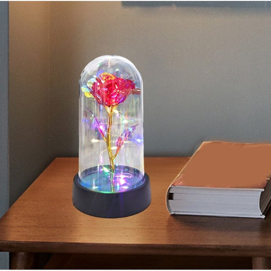 Trandafir Decorativ in Cupola cu Lumina LED Multicolora, Floare Artificiala din Plastic si Invelis Acrilic Transparent, Alimentare cu Baterii, 8.5 x 15 cm, Rosu