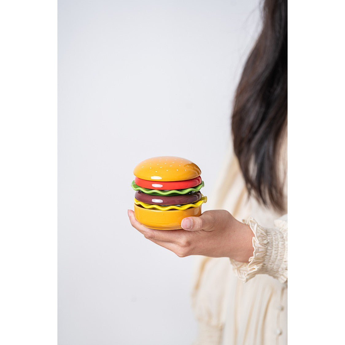 Set Farfurii Pentru Sosuri si Gustari, Forma de Burger Creativa, Mini Farfurii Stivuibile, Ceramica, Multicolor