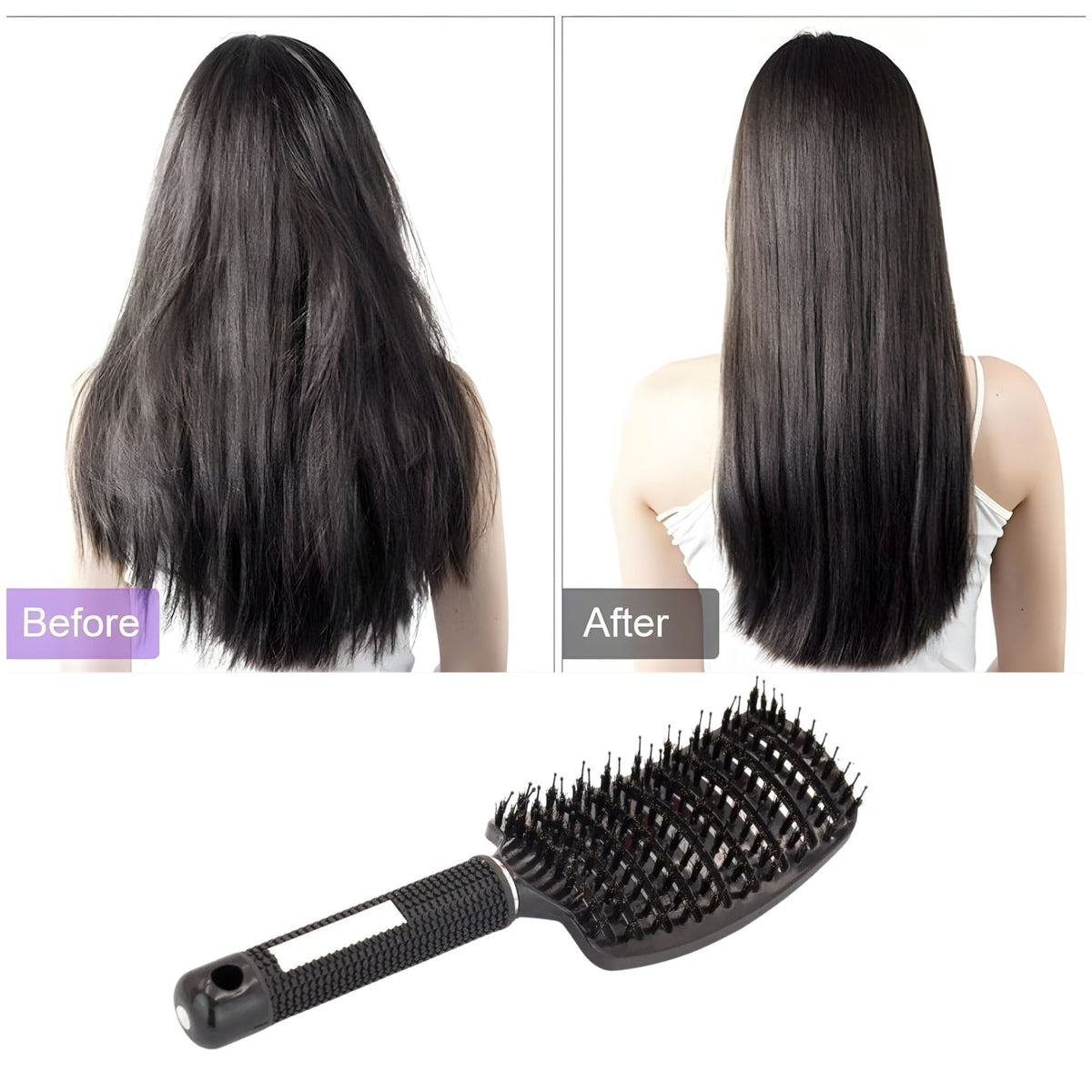 Perie de Par Curbata si Ventilata pentru Descurcare, Peri de Mistret si Nailon, Efect de Masaj, Maner Antiderapant, Utilizare Wet & Dry, 24.5 x 6.5 cm, Negru