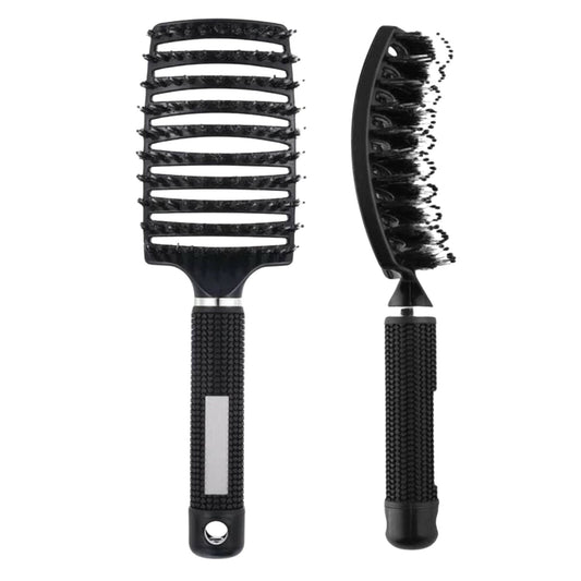 Perie de Par Curbata si Ventilata pentru Descurcare, Peri de Mistret si Nailon, Efect de Masaj, Maner Antiderapant, Utilizare Wet & Dry, 24.5 x 6.5 cm, Negru