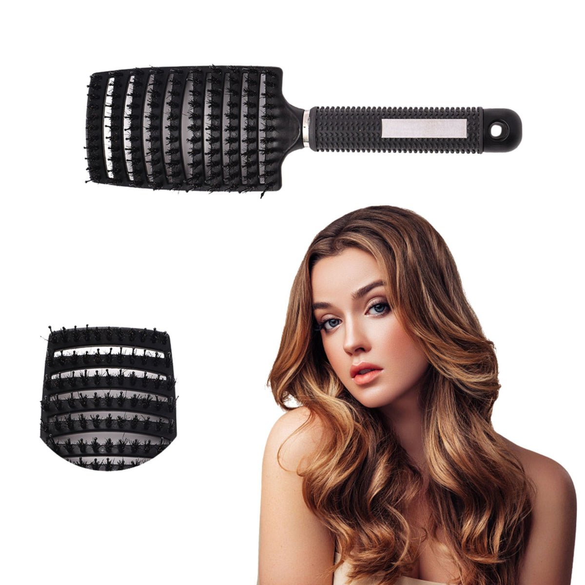 Perie de Par Curbata si Ventilata pentru Descurcare, Peri de Mistret si Nailon, Efect de Masaj, Maner Antiderapant, Utilizare Wet & Dry, 24.5 x 6.5 cm, Negru