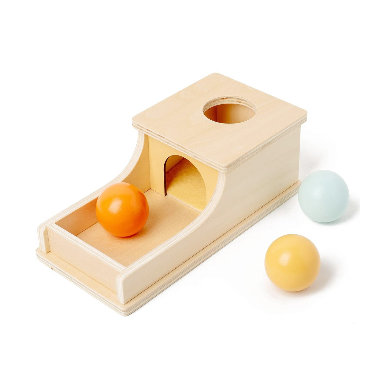 Jucarie Educativa Montessori, Pista cu Bile si Tunel pentru Motricitate, Lemn Natural, Joc de Coordonare Mana-Ochi, 24 x 12 x 8.5 cm, 12 Luni+, Multicolor