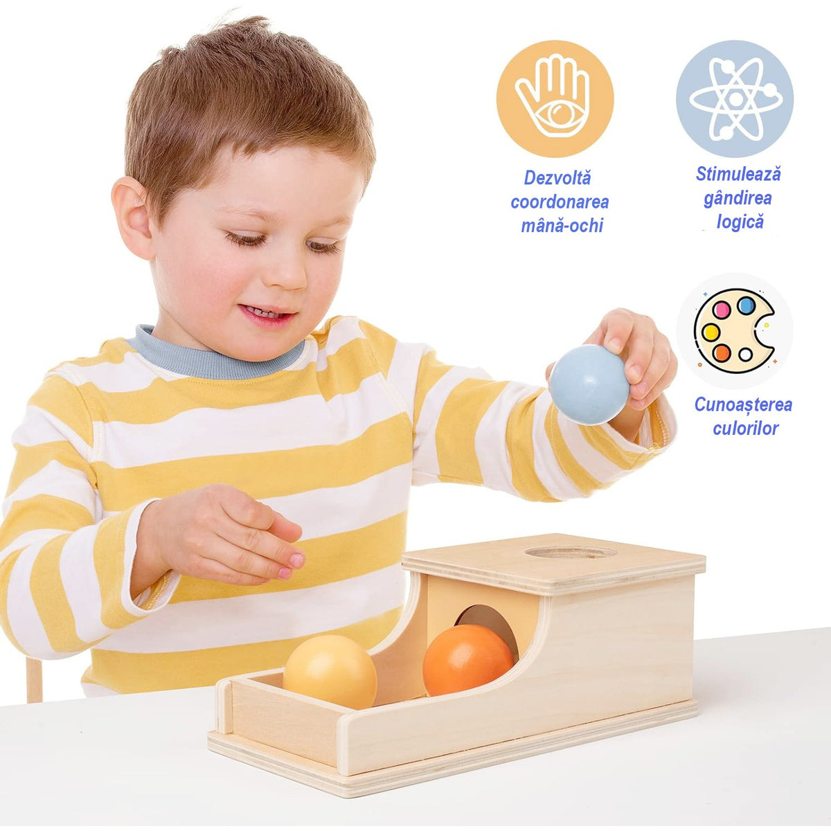 Jucarie Educativa Montessori, Pista cu Bile si Tunel pentru Motricitate, Lemn Natural, Joc de Coordonare Mana-Ochi, 24 x 12 x 8.5 cm, 12 Luni+, Multicolor