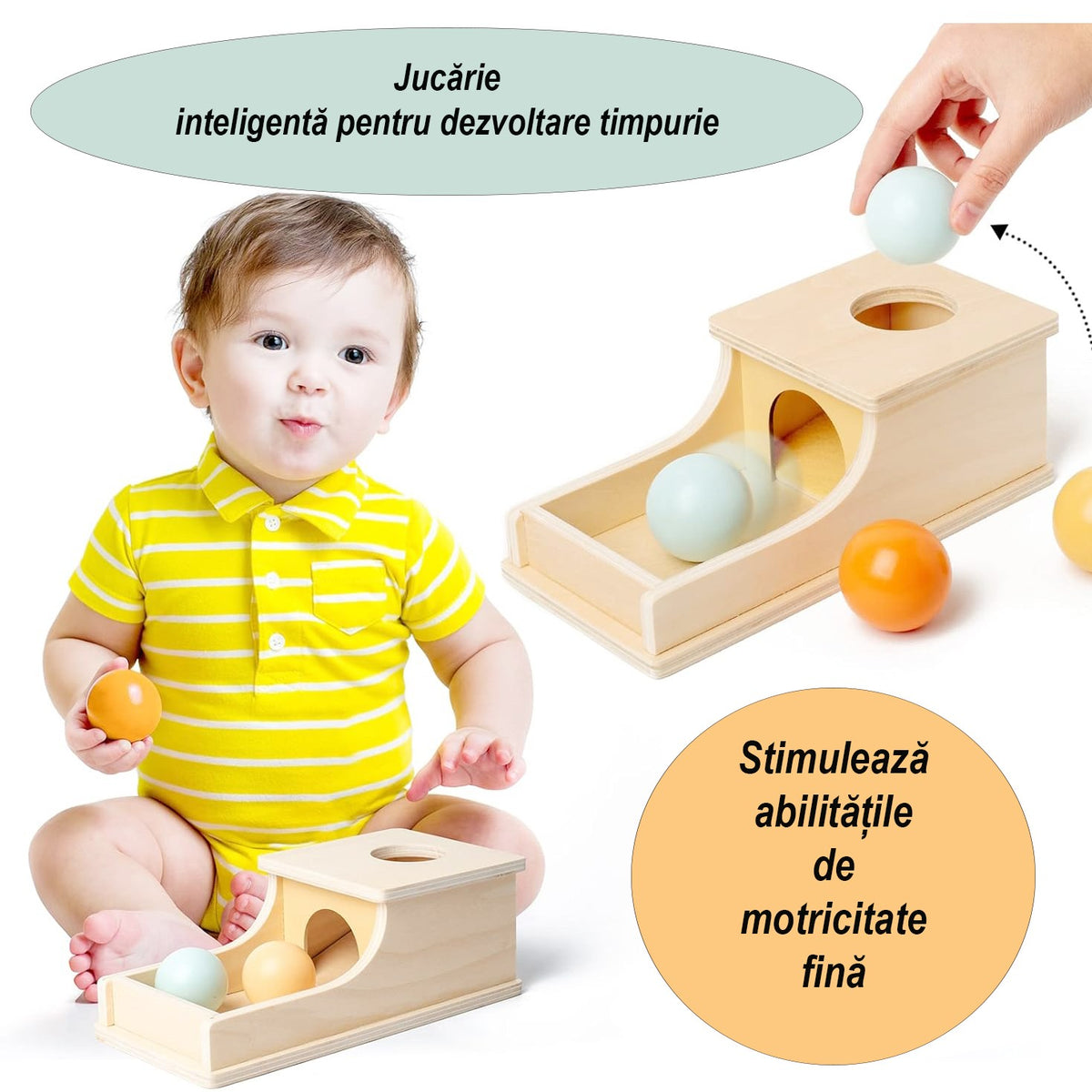 Jucarie Educativa Montessori, Pista cu Bile si Tunel pentru Motricitate, Lemn Natural, Joc de Coordonare Mana-Ochi, 24 x 12 x 8.5 cm, 12 Luni+, Multicolor
