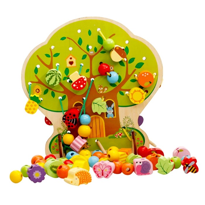 Jucarie Educativa Montessori 2 in 1, Pomul cu Fructe pentru Snuruit si Insirat, Lemn Natural, 102 Piese, 3+ Ani, Multicolor