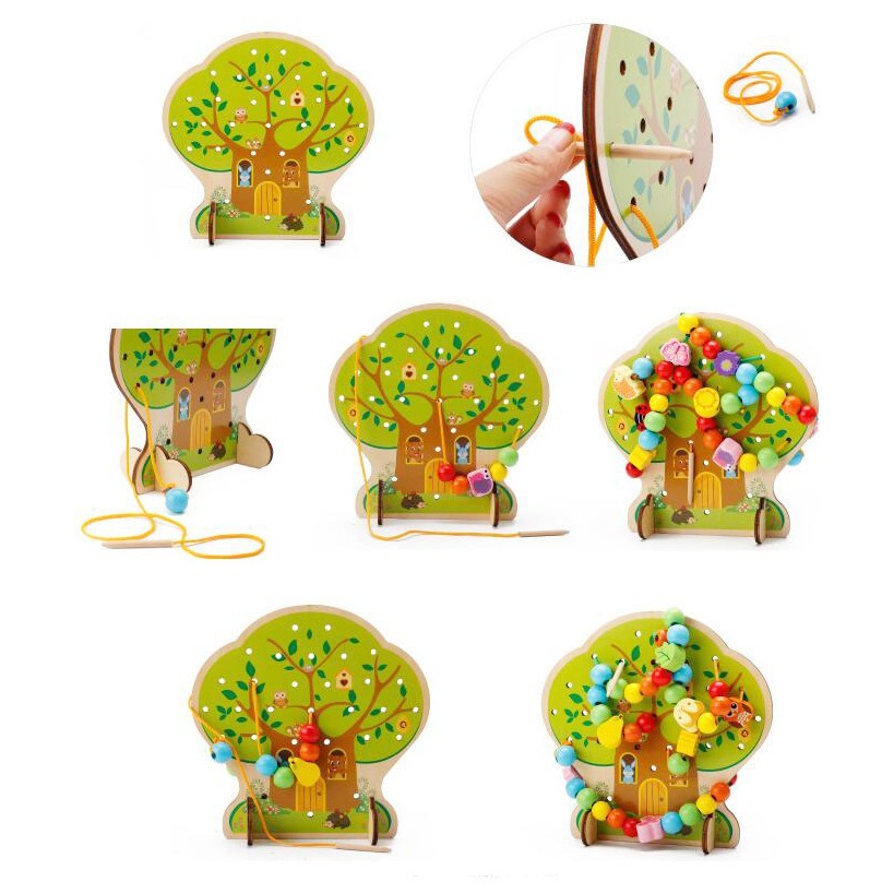 Jucarie Educativa Montessori 2 in 1, Pomul cu Fructe pentru Snuruit si Insirat, Lemn Natural, 102 Piese, 3+ Ani, Multicolor