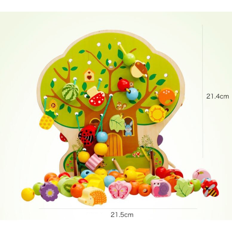 Jucarie Educativa Montessori 2 in 1, Pomul cu Fructe pentru Snuruit si Insirat, Lemn Natural, 102 Piese, 3+ Ani, Multicolor