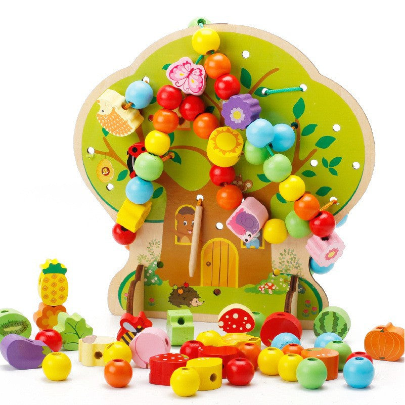 Jucarie Educativa Montessori 2 in 1, Pomul cu Fructe pentru Snuruit si Insirat, Lemn Natural, 102 Piese, 3+ Ani, Multicolor