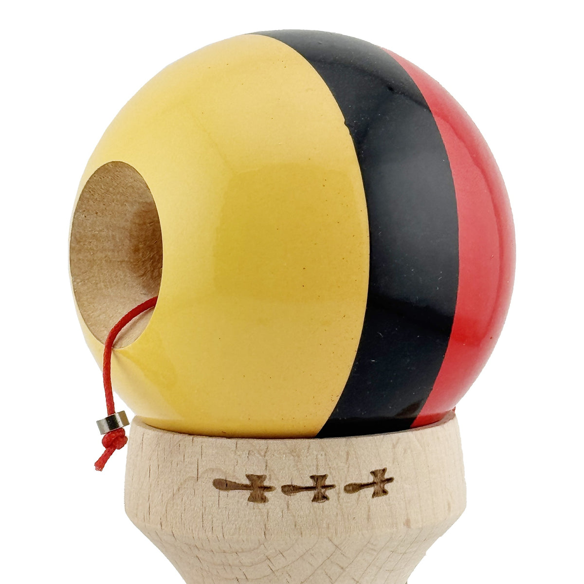 Kendama X Originala, Model V3 Rosu / Negru / Galben, Profesionala, Cupe Mari King Size, Super Sticky, Gaura in Baza, Rulment, Ata 62cm
