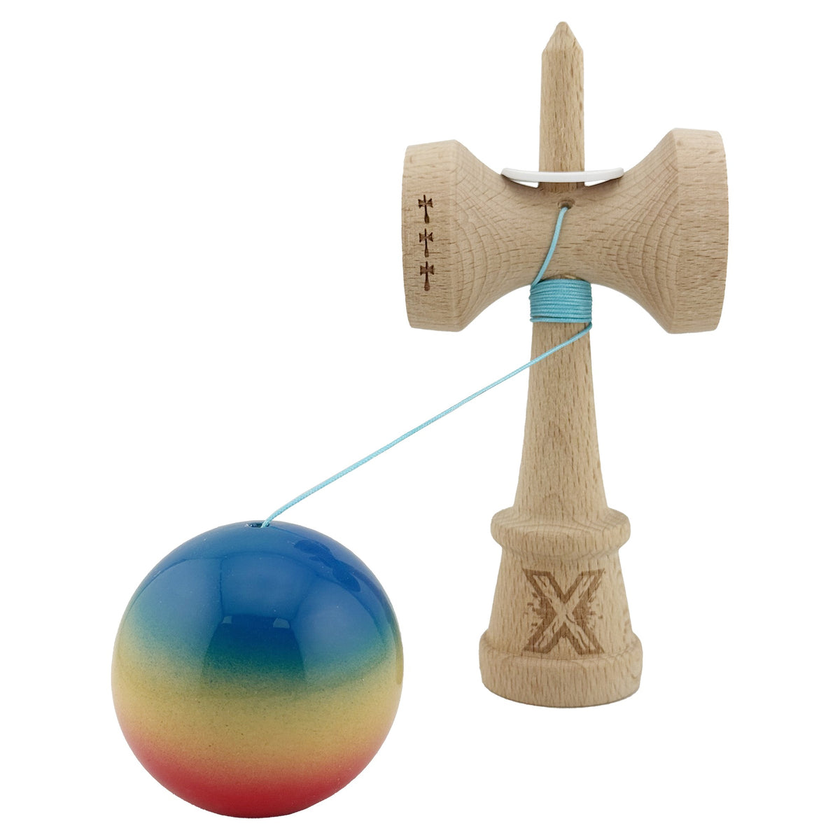 Kendama X Originala, Model V3 Albastru / Galben / Rosu in Degrade, Profesionala, Cupe Mari King Size, Super Sticky, Gaura in Baza, Rulment, Ata 62cm