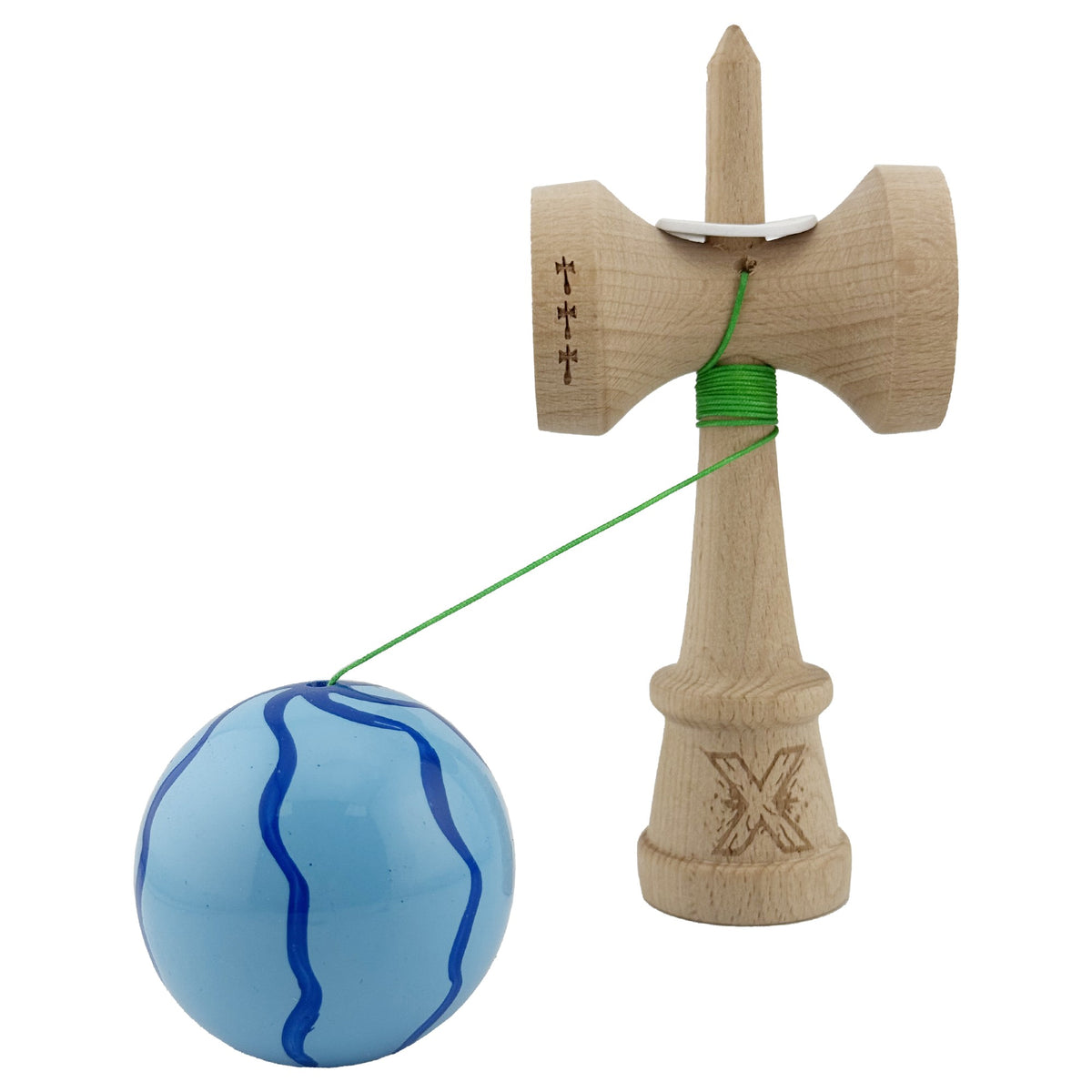 Kendama X Originala, Model V3 Albastru Deschis, Profesionala, Cupe Mari King Size, Super Sticky, Gaura in Baza, Rulment, Ata 62cm