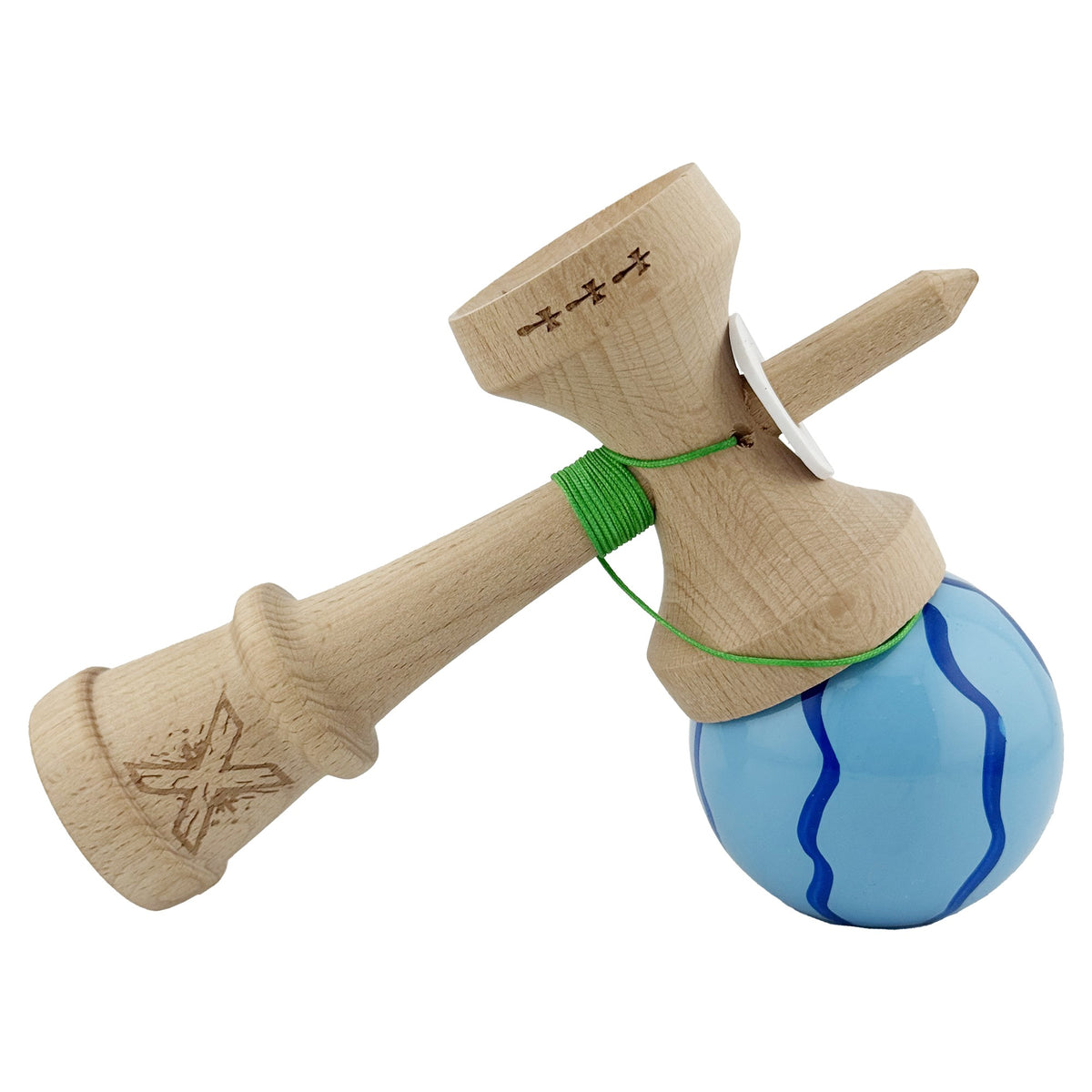 Kendama X Originala, Model V3 Albastru Deschis, Profesionala, Cupe Mari King Size, Super Sticky, Gaura in Baza, Rulment, Ata 62cm