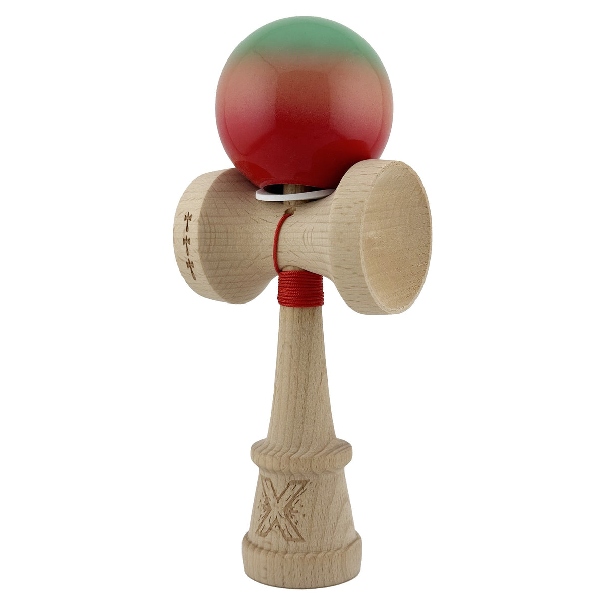 Kendama X Originala, Model V3 Verde / Portocaliu / Rosu in Degrade, Profesionala, Cupe Mari King Size, Super Sticky, Gaura in Baza, Rulment, Ata 62cm