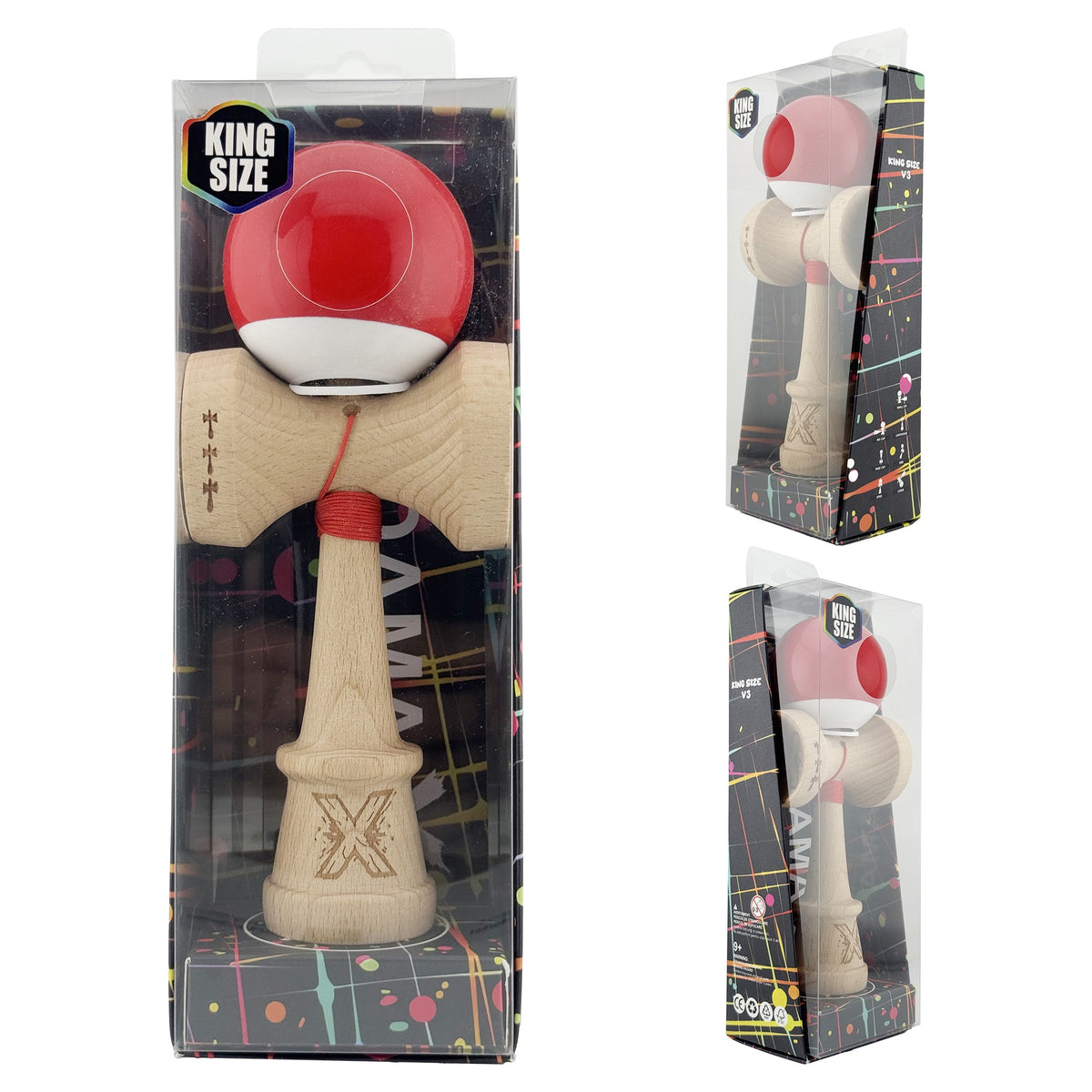 Kendama X Originala, Model V3 Rosu / Alb, Profesionala, Cupe Mari King Size, Super Sticky, Gaura in Baza, Rulment, Ata 62cm