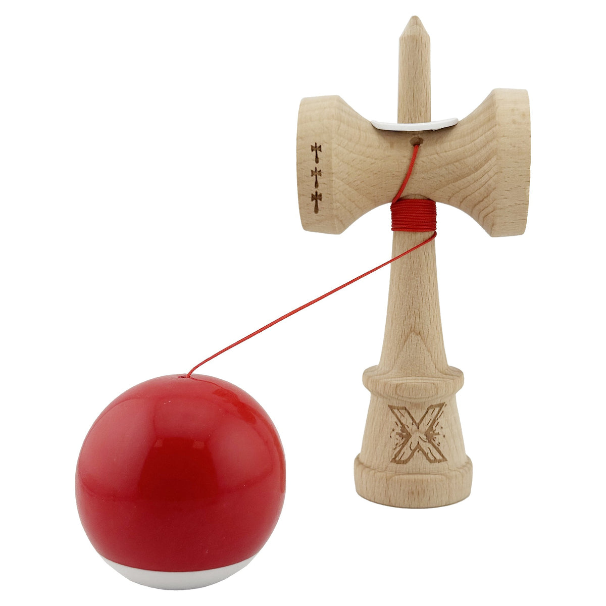 Kendama X Originala, Model V3 Rosu / Alb, Profesionala, Cupe Mari King Size, Super Sticky, Gaura in Baza, Rulment, Ata 62cm