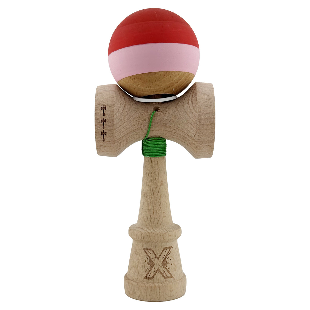 Kendama X Originala, Model V3 Rosu / Roz / Natur, Profesionala, Cupe Mari King Size, Rubber Grip, Gaura in Baza, Rulment, Ata 62cm