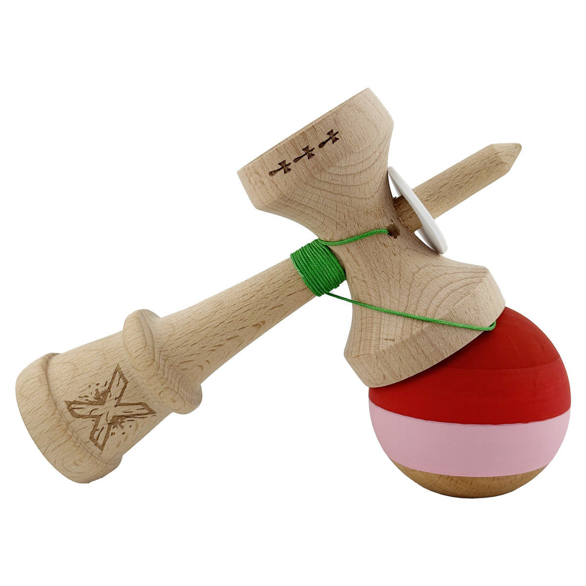 Kendama X Originala, Model V3 Rosu / Roz / Natur, Profesionala, Cupe Mari King Size, Rubber Grip, Gaura in Baza, Rulment, Ata 62cm