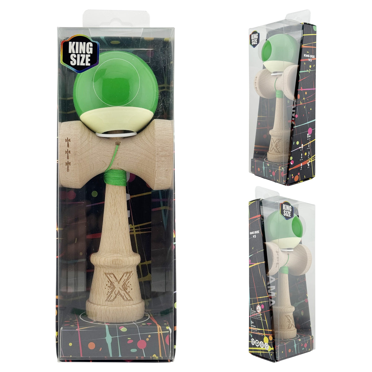 Kendama X Originala, Model V3 Verde / Alb, Profesionala, Cupe Mari King Size, Super Sticky, Gaura in Baza, Rulment, Ata 62cm