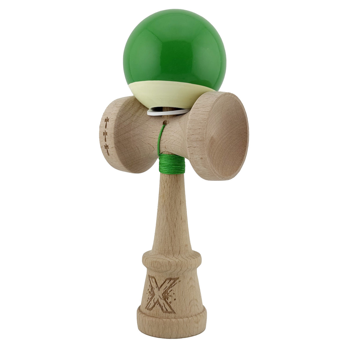 Kendama X Originala, Model V3 Verde / Alb, Profesionala, Cupe Mari King Size, Super Sticky, Gaura in Baza, Rulment, Ata 62cm