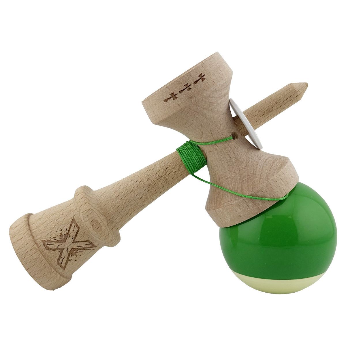 Kendama X Originala, Model V3 Verde / Alb, Profesionala, Cupe Mari King Size, Super Sticky, Gaura in Baza, Rulment, Ata 62cm