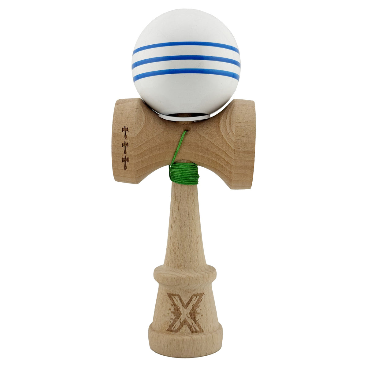 Kendama X Originala, Model V3 Alb / Albastru, Profesionala, Cupe Mari King Size, Super Sticky, Gaura in Baza, Rulment, Ata 62cm