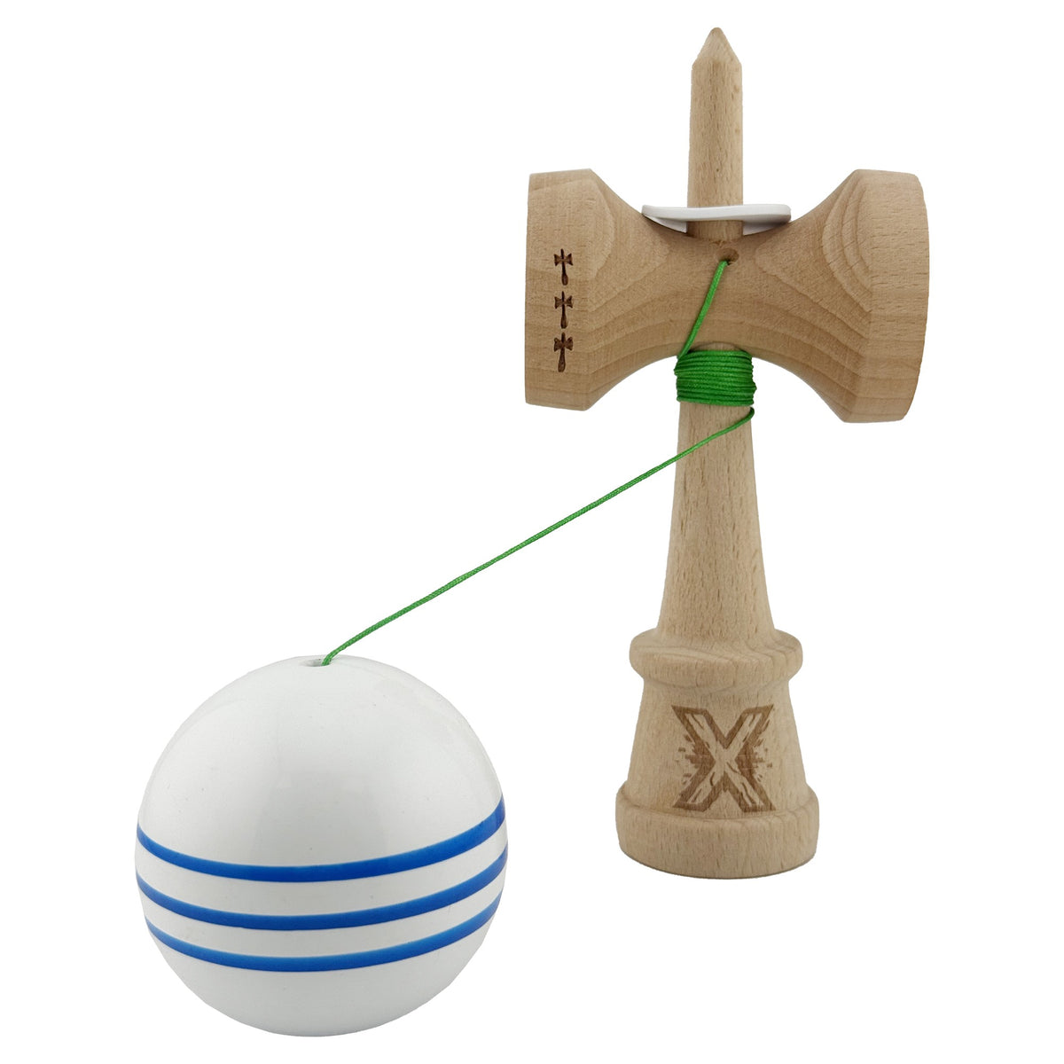 Kendama X Originala, Model V3 Alb / Albastru, Profesionala, Cupe Mari King Size, Super Sticky, Gaura in Baza, Rulment, Ata 62cm