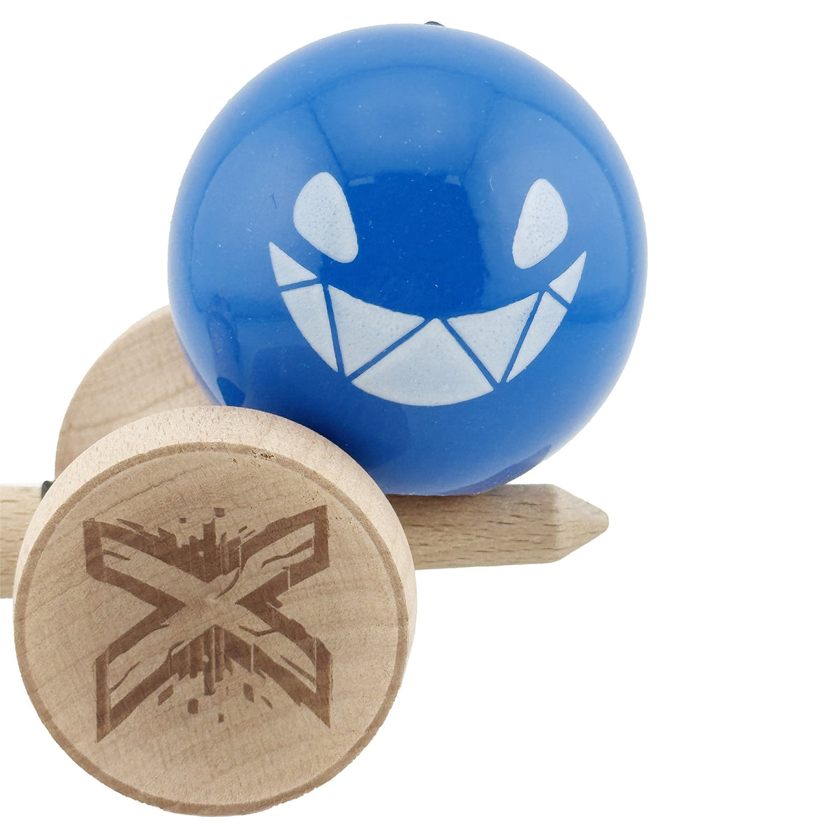 Kendama X Crazy Smile Originala, Model V3 Albastru, Profesionala, Cupe Mari King Size, Super Sticky, Gaura in Baza, Rulment, Ata 62cm