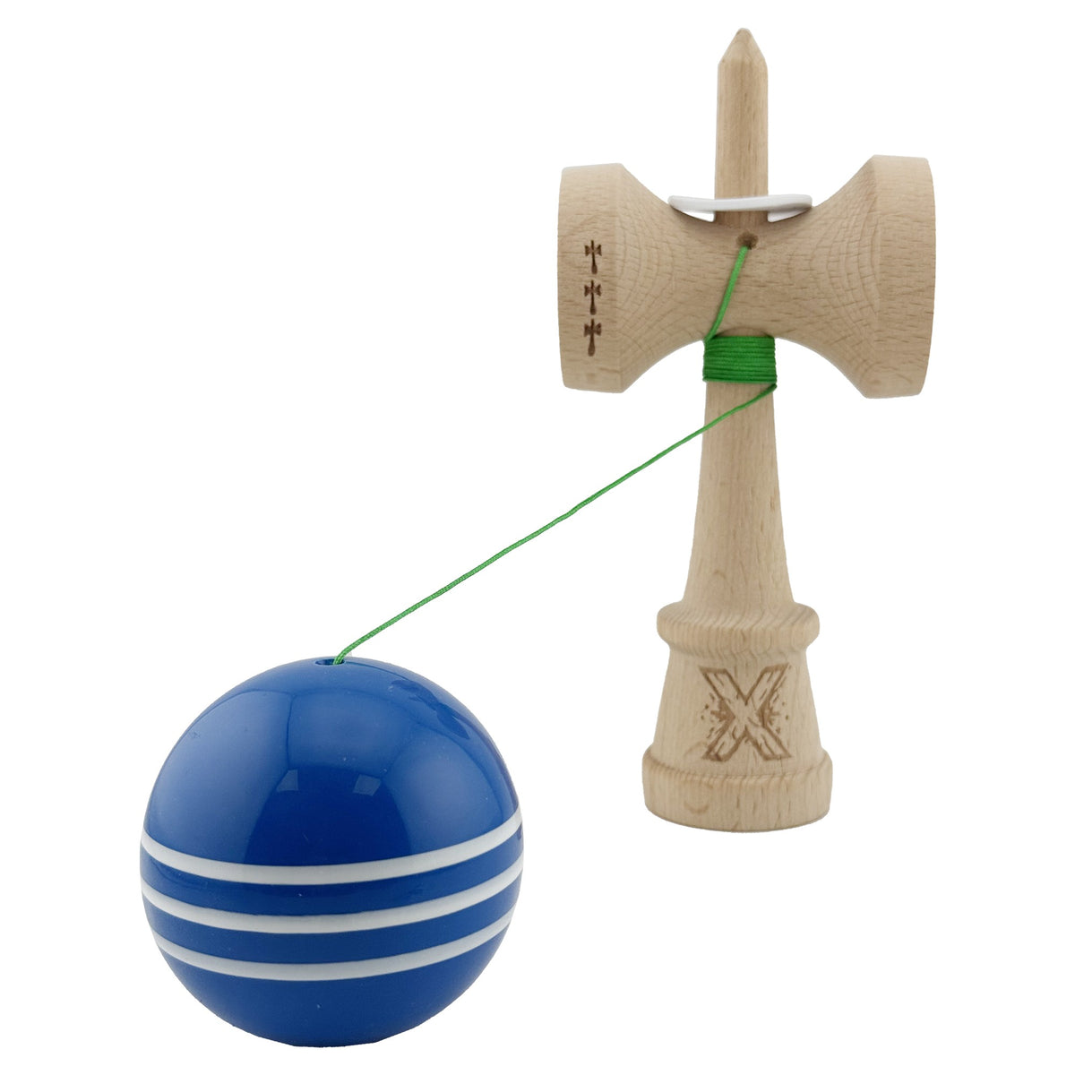 Kendama X Originala, Model V3 Albastru / Alb, Profesionala, Cupe Mari King Size, Super Sticky, Gaura in Baza, Rulment, Ata 62cm