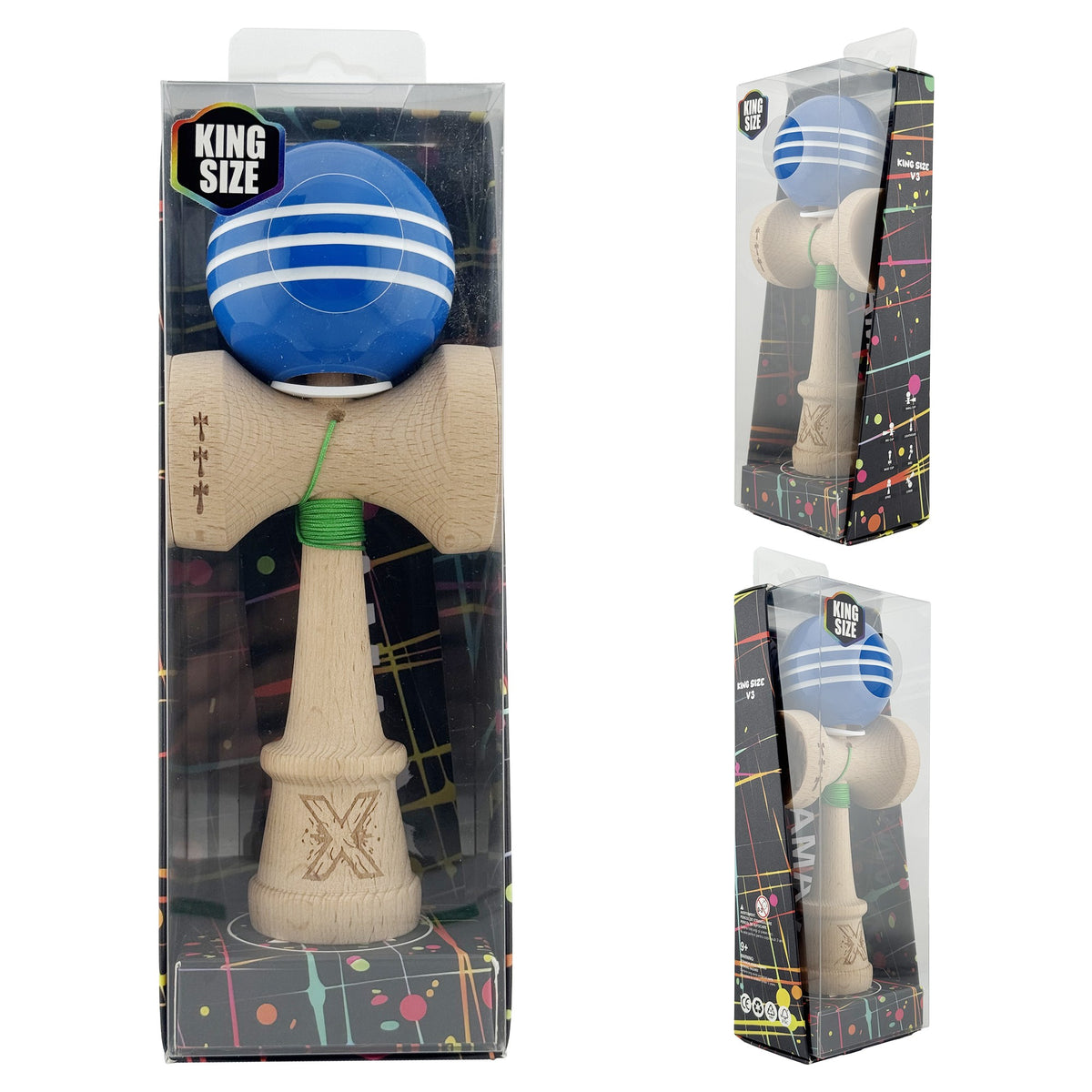 Kendama X Originala, Model V3 Albastru / Alb, Profesionala, Cupe Mari King Size, Super Sticky, Gaura in Baza, Rulment, Ata 62cm