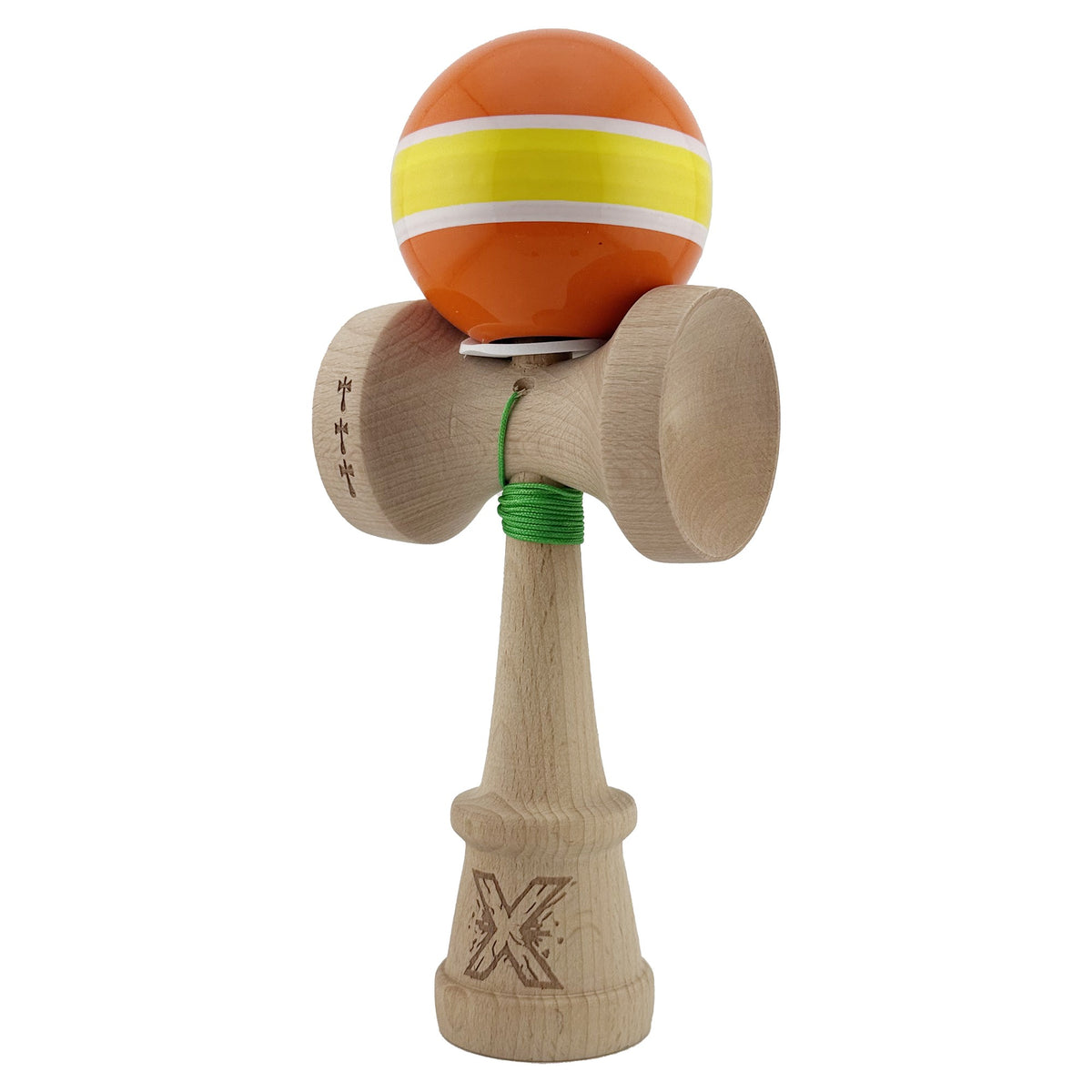 Kendama X Originala, Model V3 Portocaliu / Alb / Galben / Alb / Portocaliu, Profesionala, Cupe Mari King Size, Super Sticky, Gaura in Baza, Rulment, Ata 62cm
