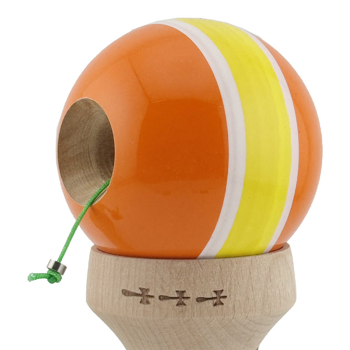 Kendama X Originala, Model V3 Portocaliu / Alb / Galben / Alb / Portocaliu, Profesionala, Cupe Mari King Size, Super Sticky, Gaura in Baza, Rulment, Ata 62cm