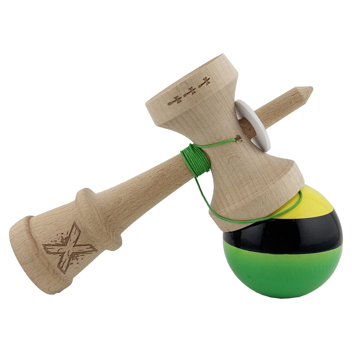 Kendama X Originala, Model V3 Galben / Negru / Verde, Profesionala, Cupe Mari King Size, Super Sticky, Gaura in Baza, Rulment, Ata 62cm