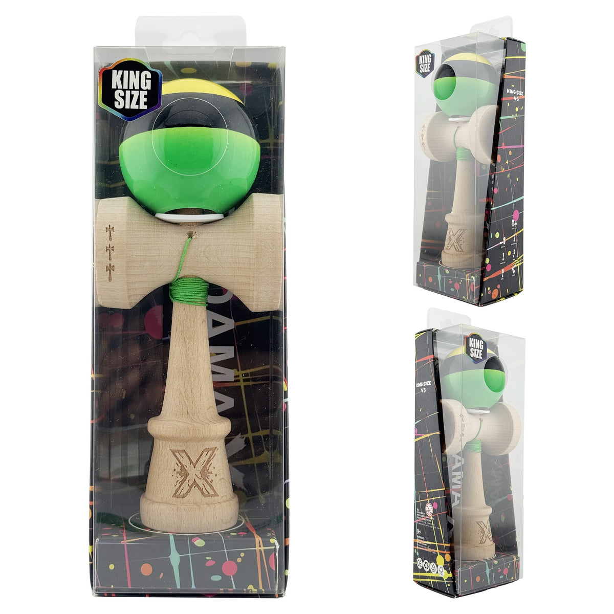 Kendama X Originala, Model V3 Galben / Negru / Verde, Profesionala, Cupe Mari King Size, Super Sticky, Gaura in Baza, Rulment, Ata 62cm
