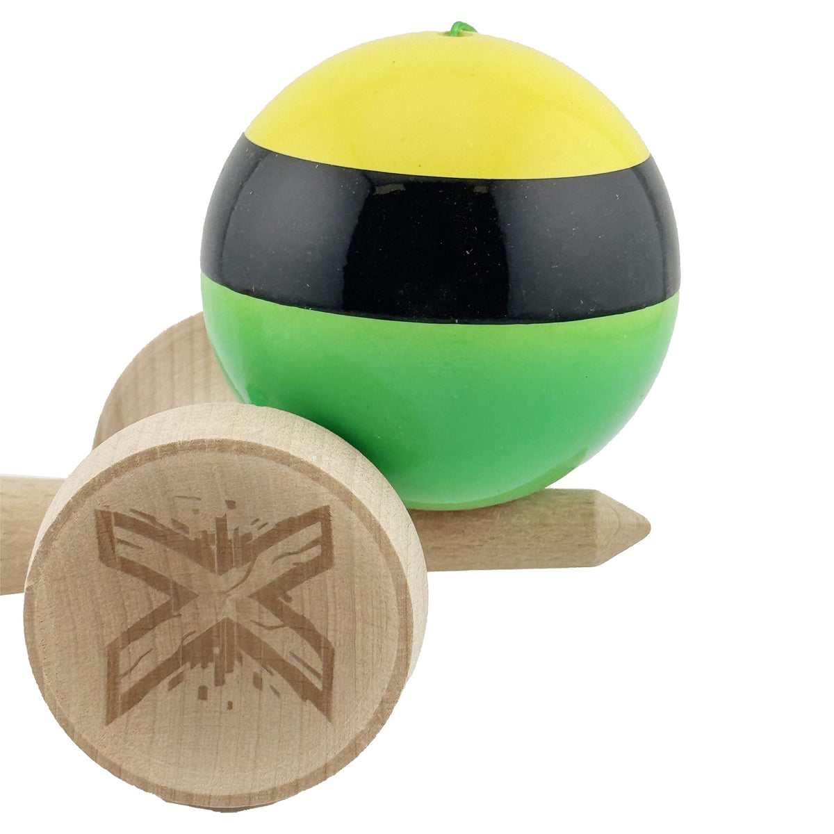 Kendama X Originala, Model V3 Galben / Negru / Verde, Profesionala, Cupe Mari King Size, Super Sticky, Gaura in Baza, Rulment, Ata 62cm